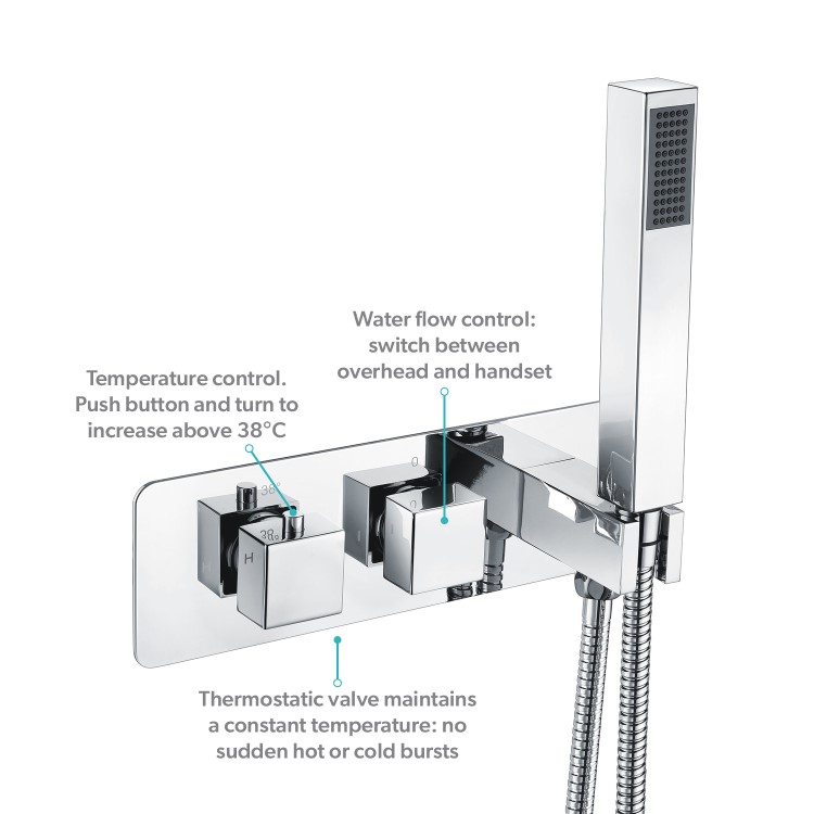 Chrome Dual Outlet Ceiling Mounted Thermostatic Mixer Shower Set with Hand Shower - Cube