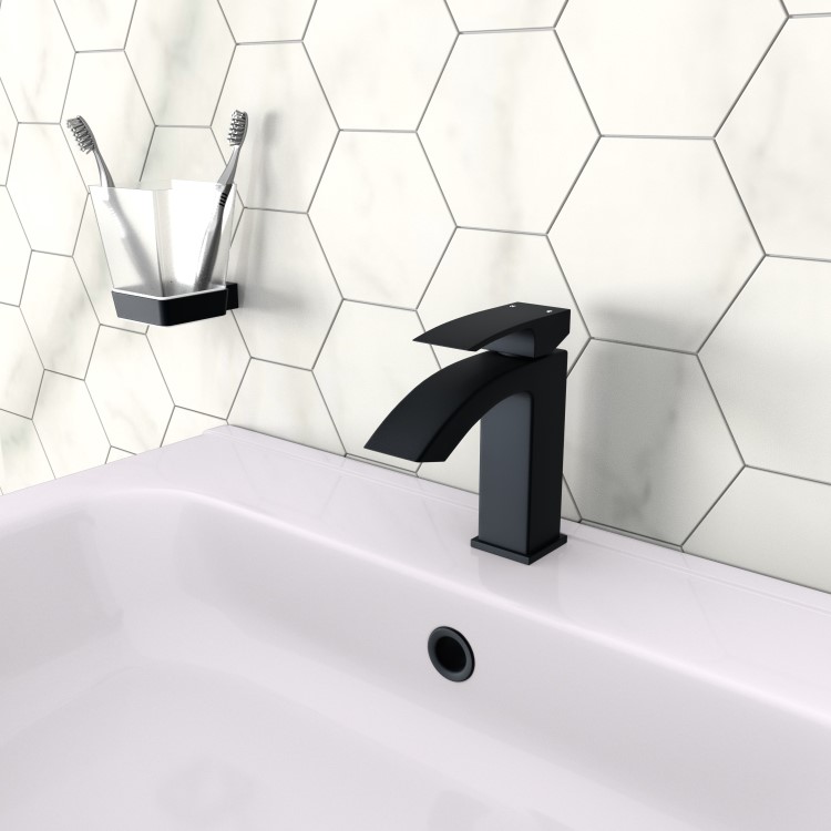 Matt Black Waterfall Bath Tap with Basin Tap Pack - Wave