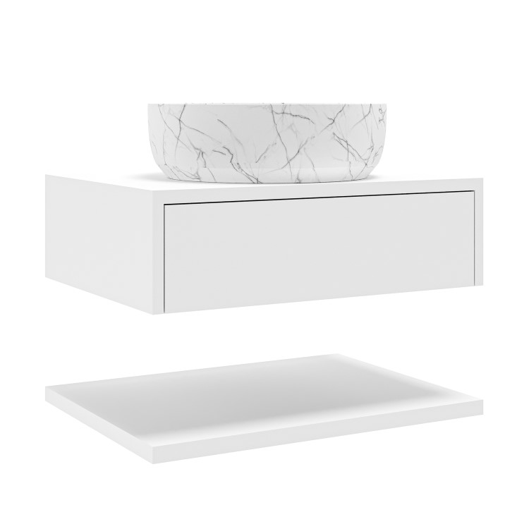 600mm White Wall Hung Countertop Vanity Unit with White Marble Effect Basin and Shelves - Lugo