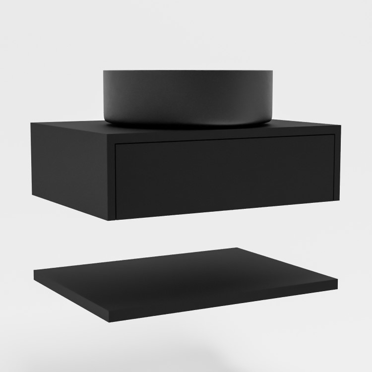 600mm Black Wall Hung Countertop Vanity Unit with Black Basin and Shelf  - Lugo