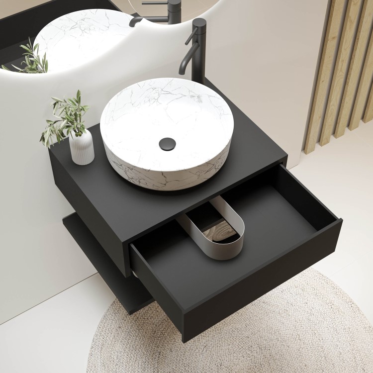 600mm Black Wall Hung Countertop Vanity Unit with White Marble Effect Basin and Shelves - Lugo