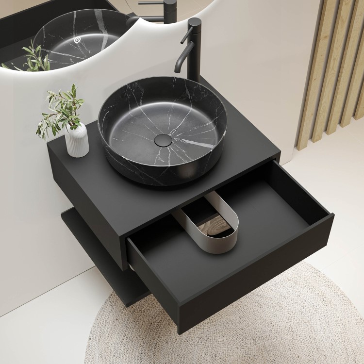 600mm Black Wall Hung Countertop Vanity Unit with Black Marble Effect Basin and Shelves - Lugo