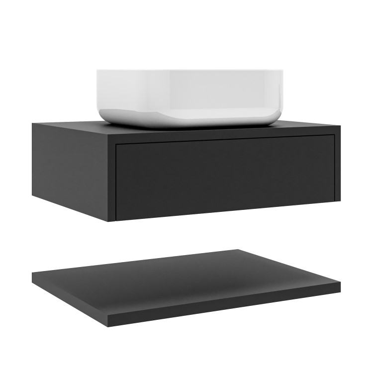 600mm Black Wall Hung Countertop Vanity Unit with Square Basin and Shelves - Lugo