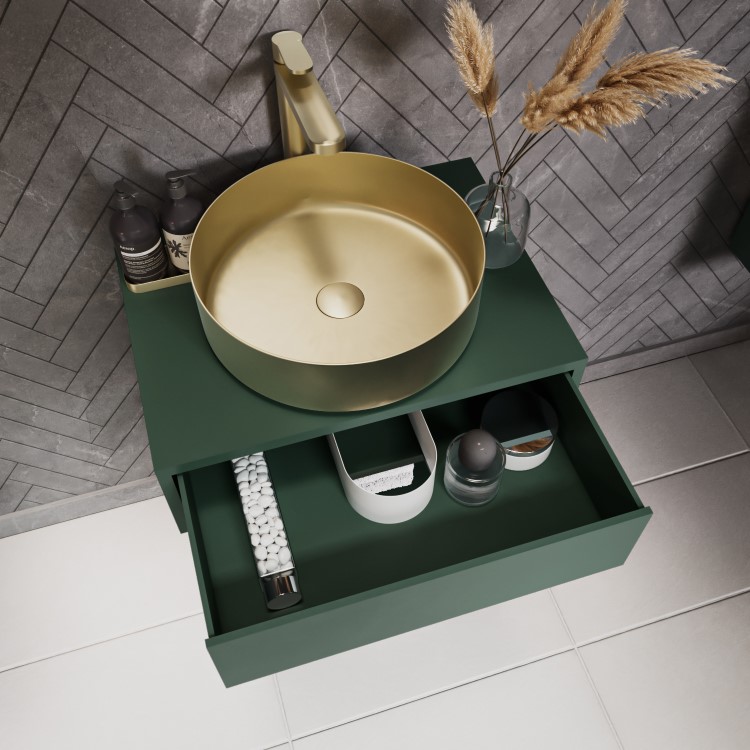 600mm Green Wall Hung Countertop Vanity Unit with Brass Basin and Shelves- Lugo