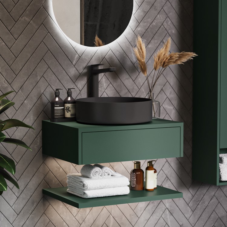 600mm Green Wall Hung Countertop Vanity Unit with Black Basin and Shelf - Lugo