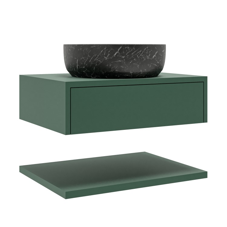 600mm Green Wall Hung Countertop Vanity Unit with Black Marble Effect Basin and Shelves - Lugo