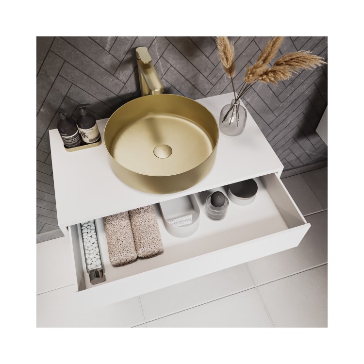 800mm White Wall Hung Countertop Vanity Unit with Brass Basin and Shelves - Lugo