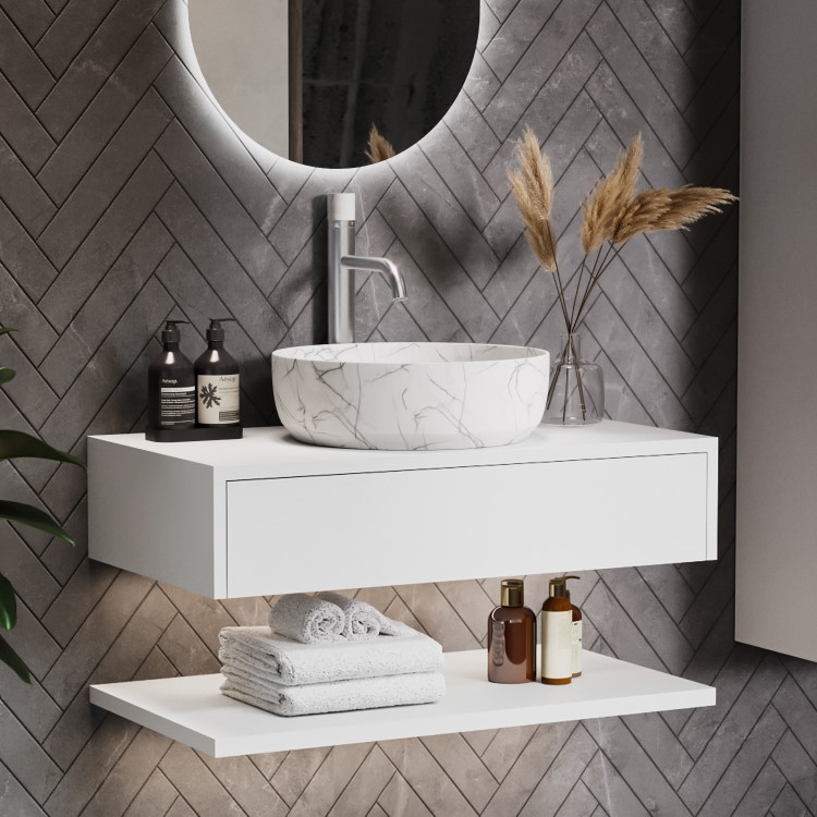 800mm White Wall Hung Countertop Vanity Unit with White Marble Effect Basin and Shelves - Lugo