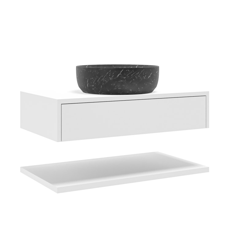 800mm White Wall Hung Countertop Vanity Unit with Black Marble Effect Basin and Shelves - Lugo