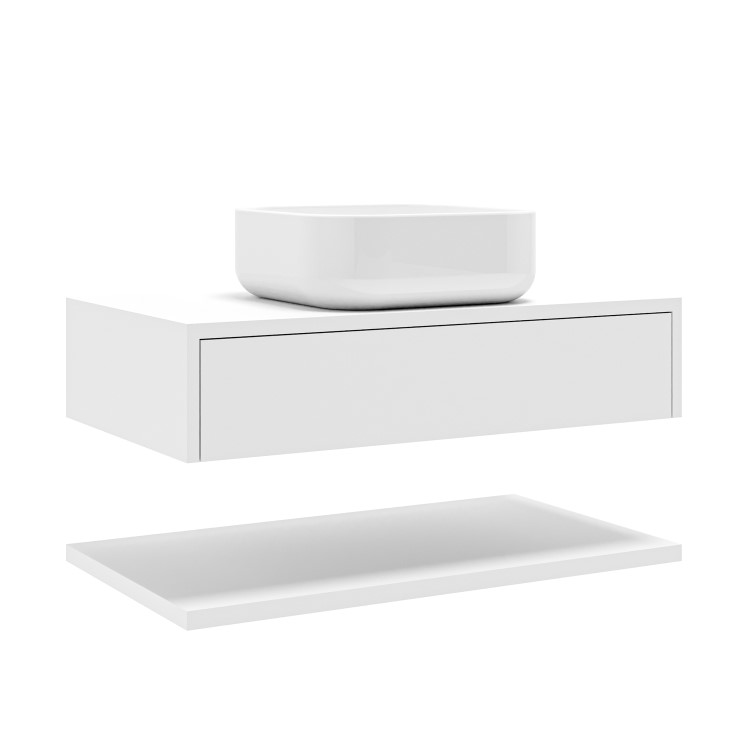 800mm White Wall Hung Countertop Vanity Unit with Square Basin and Shelves - Lugo