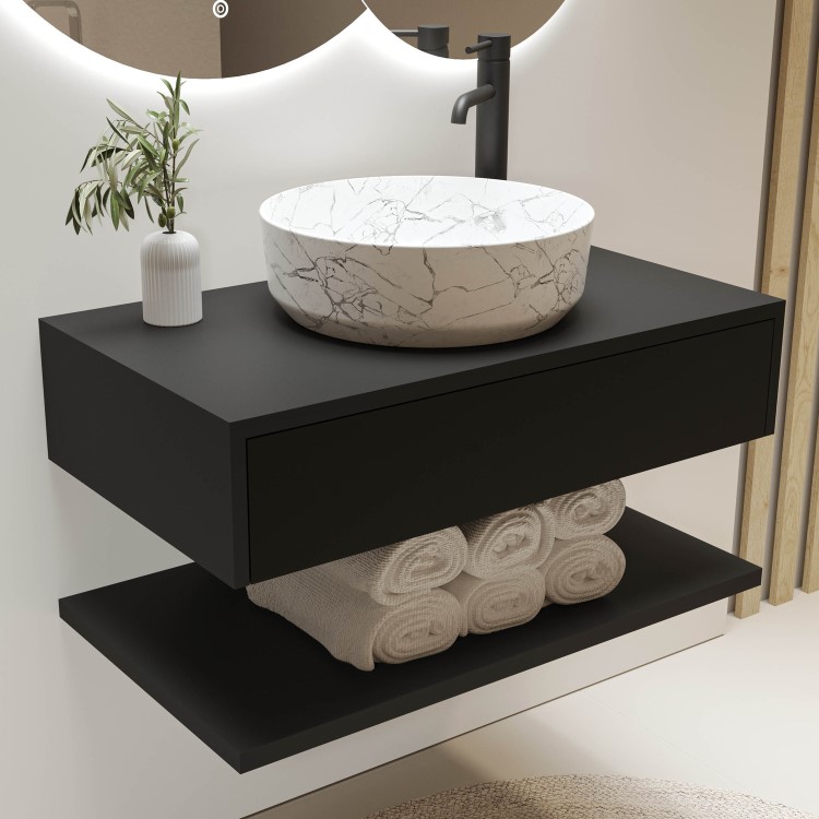 800mm Black Wall Hung Countertop Vanity Unit with White Marble Effect Basin and Shelves - Lugo