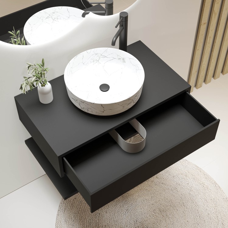 800mm Black Wall Hung Countertop Vanity Unit with White Marble Effect Basin and Shelves - Lugo