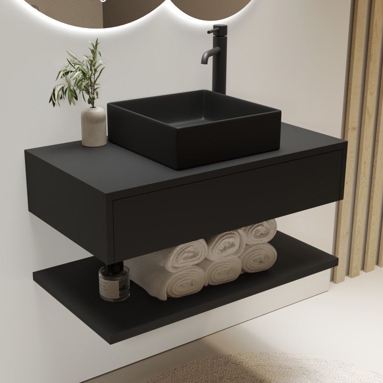 800mm Black Wall Hung Countertop Vanity Unit with Black Square Basin and Shelves – Lugo