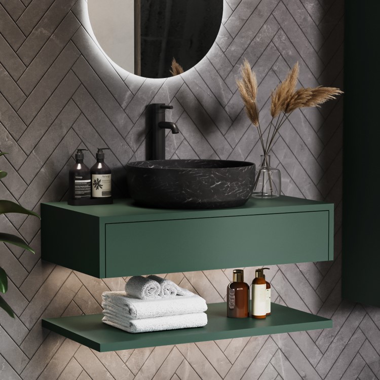 800mm Green Wall Hung Countertop Vanity Unit with Black Marble Effect Basin and Shelves - Lugo