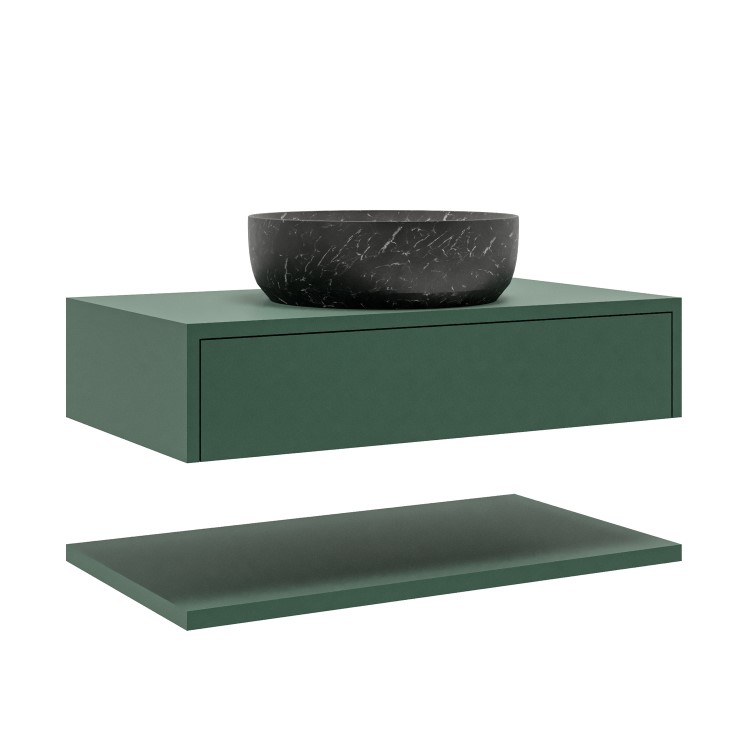 800mm Green Wall Hung Countertop Vanity Unit with Black Marble Effect Basin and Shelves - Lugo