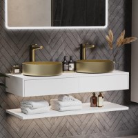 1200mm White Wall Hung Double Countertop Vanity Unit with Brass Basins and Shelves - Lugo