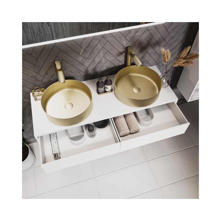 1200mm White Wall Hung Double Countertop Vanity Unit with Brass Basins and Shelves - Lugo