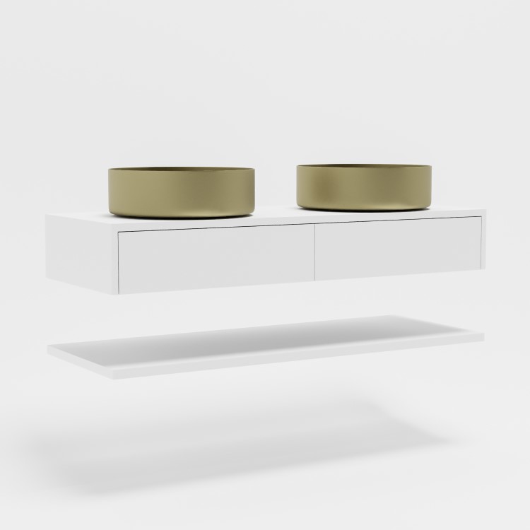 1200mm White Wall Hung Double Countertop Vanity Unit with Brass Basins and Shelves - Lugo