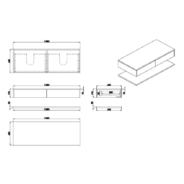 1200mm White Wall Hung Double Countertop Vanity Unit with Square Basins and Shelves - Lugo