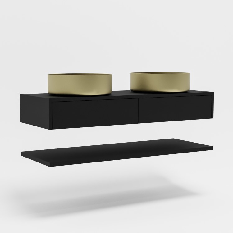 1200mm Black Wall Hung Double Countertop Vanity Unit with Brass Basins and Shelves - Lugo