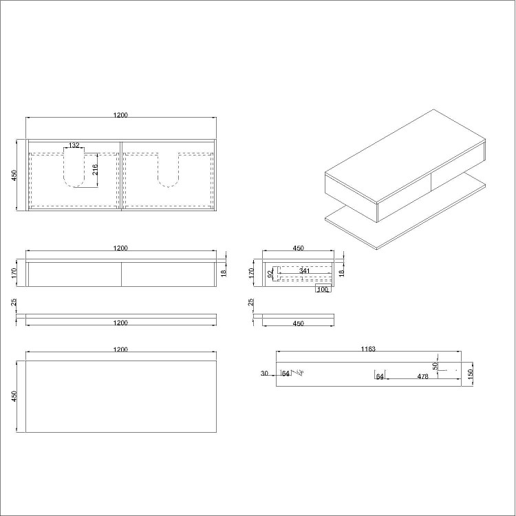 1200mm Black Wall Hung Double Countertop Vanity Unit with Brass Basins and Shelves - Lugo