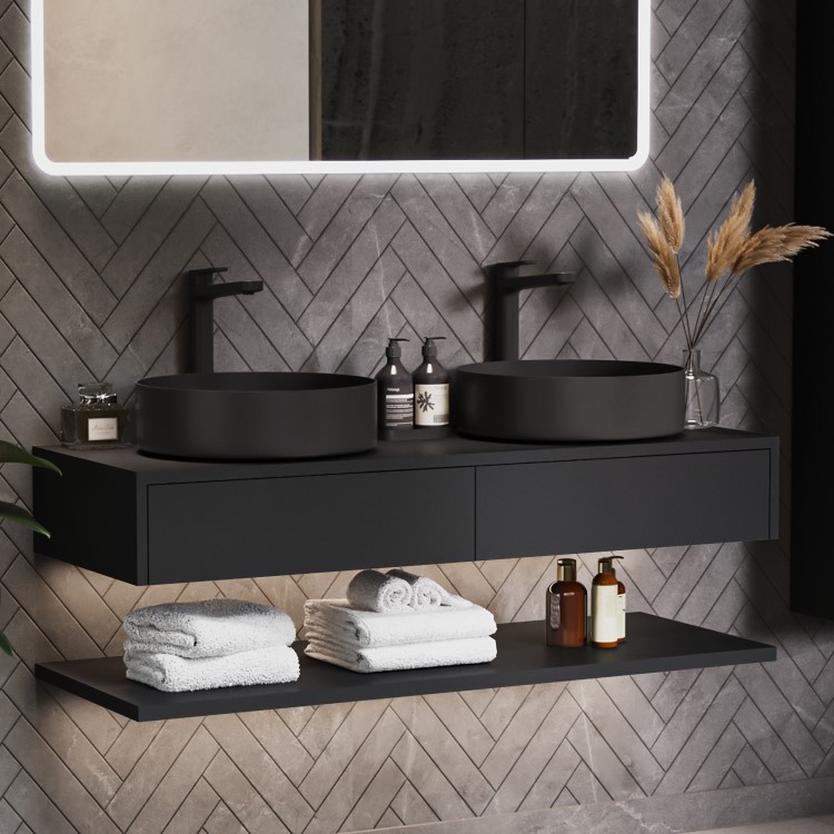 1200mm Black Wall Hung Double Countertop Vanity Unit with Black Basins and Shelf - Lugo