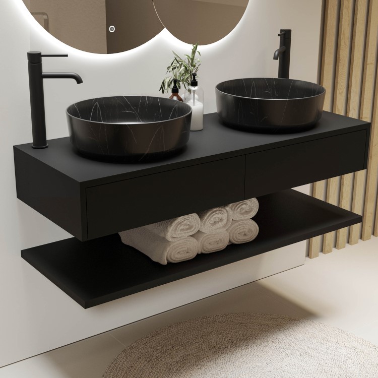 1200mm Black Wall Hung Double Countertop Vanity Unit with Black Marble Effect Basins and Shelves - Lugo