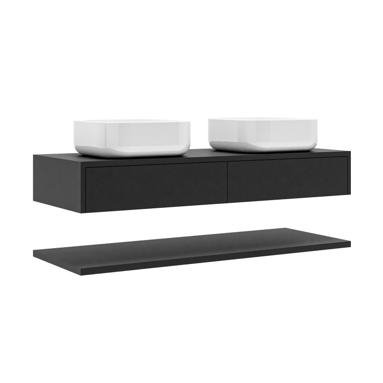 1200mm Black Wall Hung Double Countertop Vanity Unit with Square Basins and Shelves - Lugo