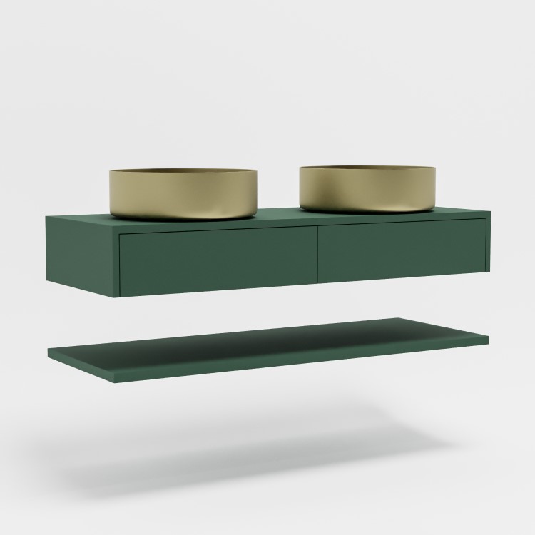 1200mm Green Wall Hung Double Countertop Vanity Unit with Brass Basins and Shelves - Lugo