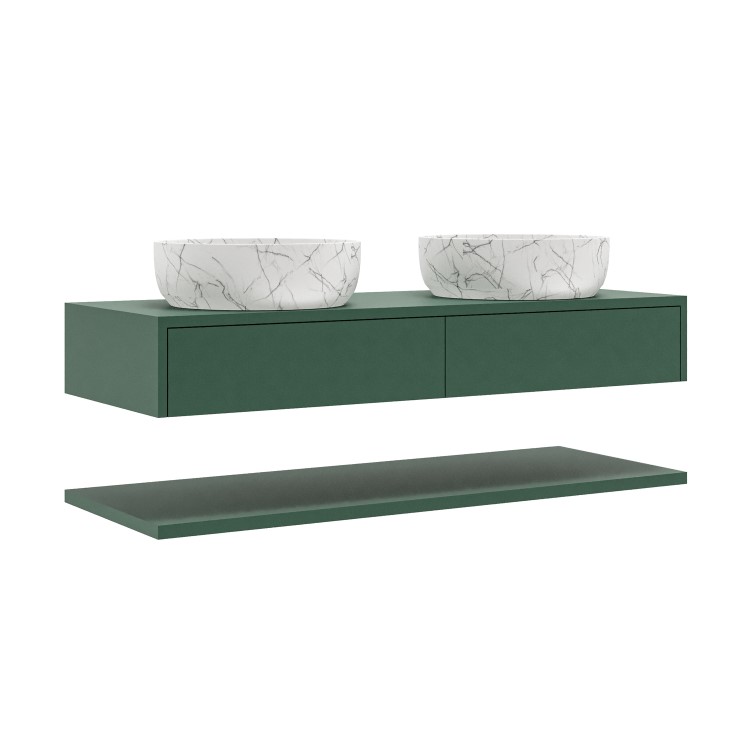 1200mm Green Wall Hung Double Countertop Vanity Unit with White Marble Effect Basins and Shelves - Lugo