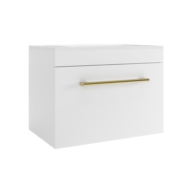 600 mm White Wall Hung Vanity Unit with Basin and Brass Handle - Ashford