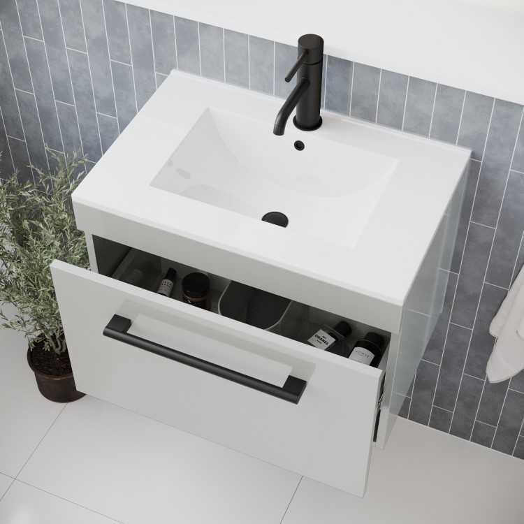 600mm Grey Wall Hung Vanity Unit with Basin and Black Handle - Ashford