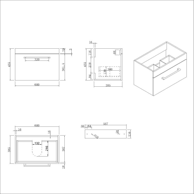 600mm Grey Wall Hung Vanity Unit with Basin and Black Handle - Ashford