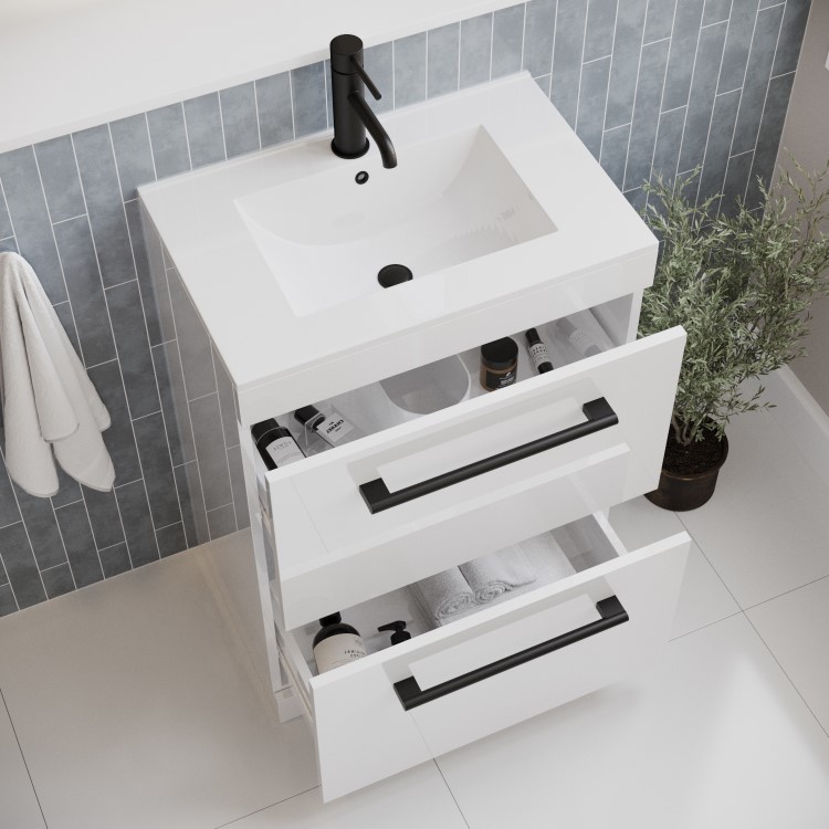 600 mm White Freestanding Vanity Unit with Basin and Black Handle - Ashford