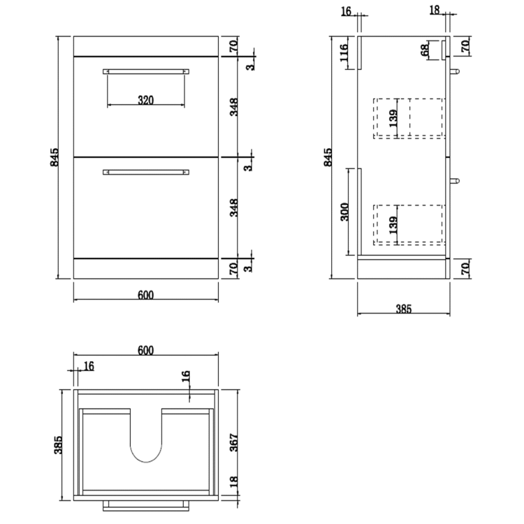 600mm White Freestanding Vanity Unit with Basin and Brushed Handle - Ashford