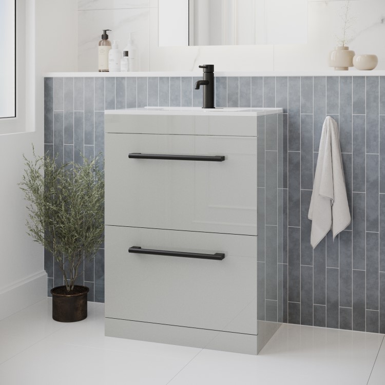 600mm Grey Freestanding Drawer Vanity Unit with Basin and Black Handle - Ashford