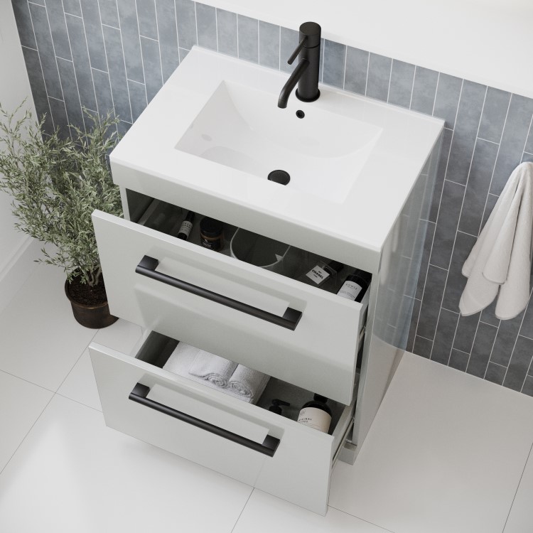 600mm Grey Freestanding Drawer Vanity Unit with Basin and Black Handle - Ashford