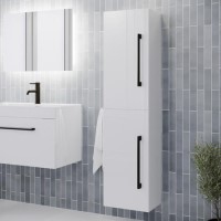 Double Door White  Wall Hung Tall Bathroom Cabinet with Black Handles 350 1400mm- Ashford