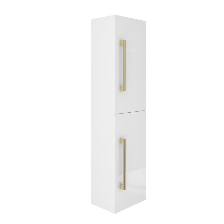 Double Door White Wall Hung Tall Bathroom Cabinet with Brushed Brass Handles 350 x 1400mm - Ashford