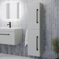 Double Door Grey Wall Hung Tall Bathroom Cabinet with Black Handles 350 x 1400mm - Ashford