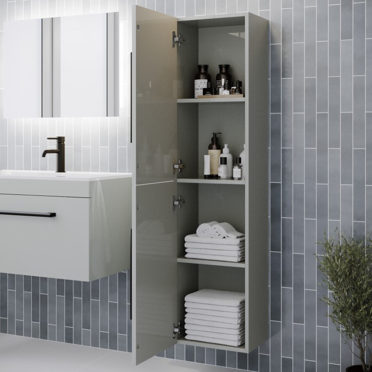 Double Door Grey Wall Hung Tall Bathroom Cabinet with Black Handles 350 x 1400mm - Ashford