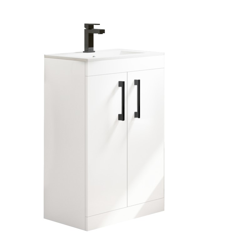 500mm White Freestanding Vanity Unit with Basin and Black Handles - Ashford