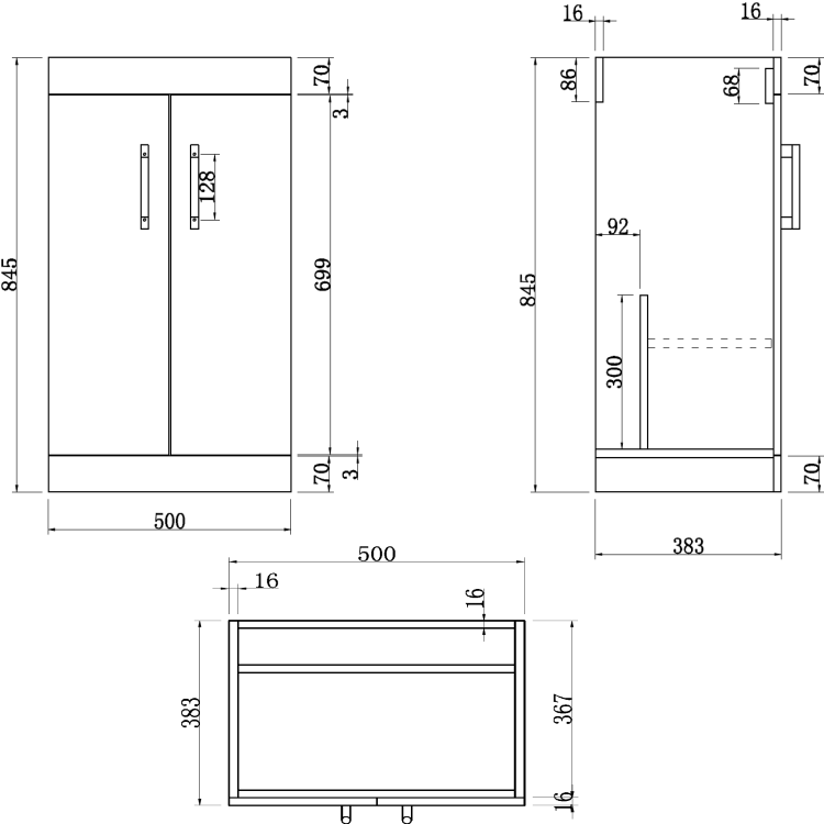 500mm White Freestanding Vanity Unit with Basin and Chrome Handles - Ashford