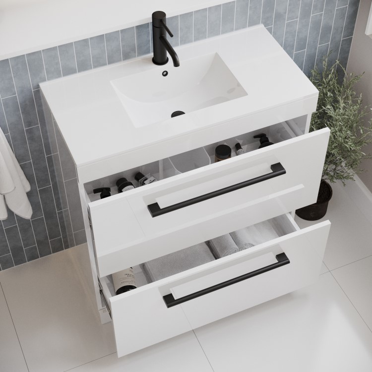 800mm White Freestanding Vanity Unit with Basin and Black Handles - Ashford