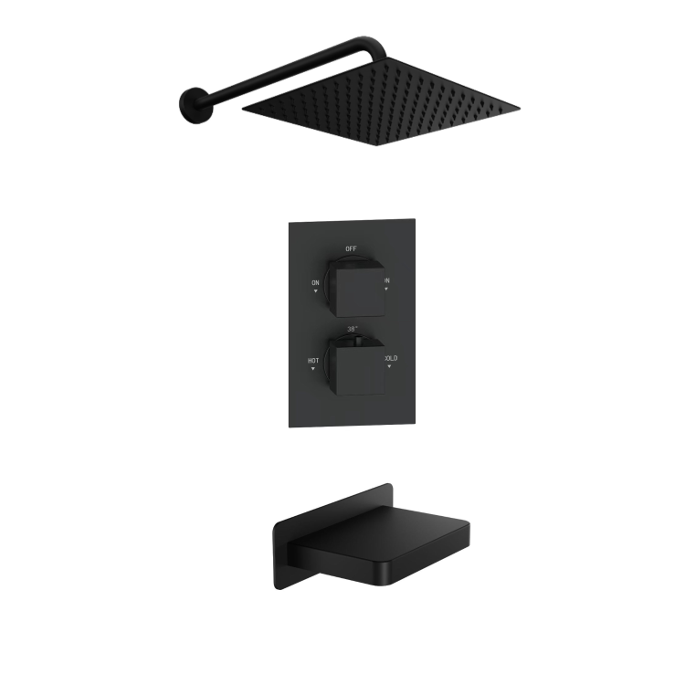 Matt Black 2 Outlet Shower With Wall Mounted Shower Head and Bath Spout - Zana 