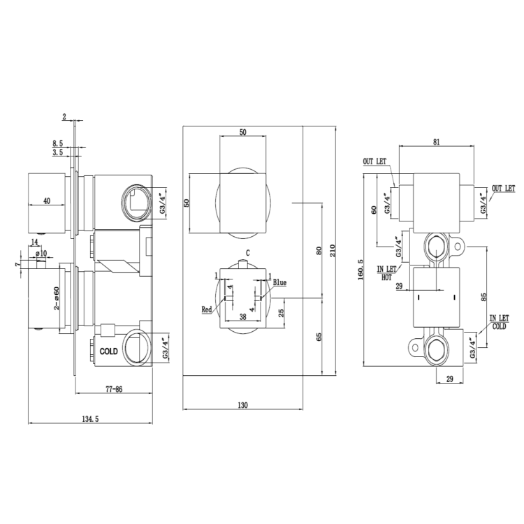 Black 2 Outlet Concealed Thermostatic Shower Valve with Dual Control - Zana