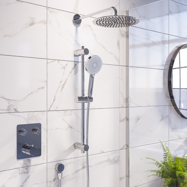 Chrome Dual Outlet Wall Mounted Thermostatic Mixer Shower Set with Hand Shower - Vance