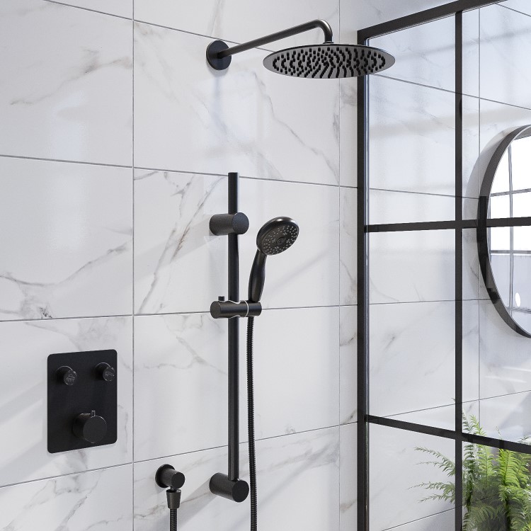 Black Dual Outlet Wall Mounted Thermostatic Mixer Shower Set with Hand Shower - Vance