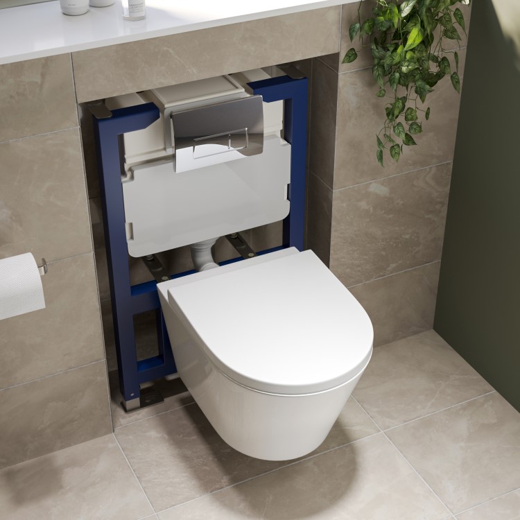 Wall Hung Toilet with Soft Close Seat Chrome Pneumatic Flush Plate 820mm Frame & Cistern - Newport