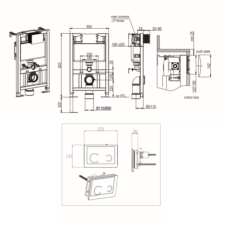 Wall Hung Toilet with Soft Close Seat Black Glass Sensor Pneumatic Flush Plate 820mm Frame & Cistern - Newport